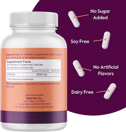 BESTVITE L-Proline 500mg (120 Vegetarian Capsules) - No Stearates - No Fillers - Vegan - Gluten Free - Non GMO