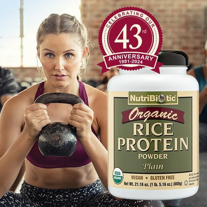 NutriBiotic Certified Organic Plain Rice Protein, 21 Ounce | Low Carbohydrate Vegan Protein Powder | Raw, Certified Kosher & Keto Friendly | Made Without Chemicals, GMOs & Gluten | Easy to Digest