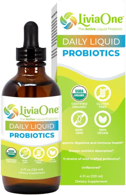 Daily Liquid Probiotics, USDA-Certified Organic Probiotics, Allergen- and Gluten-Free Vegan Probiotic for Women and Men, Non-GMO and Raw, 4 Fl Oz (Pack of 1)