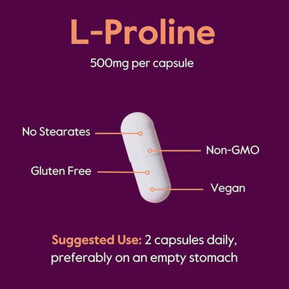 BESTVITE L-Proline 500mg (120 Vegetarian Capsules) - No Stearates - No Fillers - Vegan - Gluten Free - Non GMO