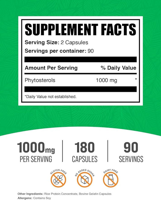 BulkSupplements.com Phytosterols Capsules - Phytosterols Supplement, Beta Sitosterol Capsules, Phytosterol 1000mg - Gluten Free, 2 Capsules per Serving, 180 Capsules (Pack of 1)