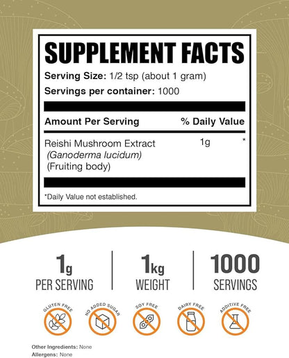 BulkSupplements.com Reishi Mushroom Extract Powder - Reishi Mushroom Powder, Supplement for Overall Well-Being - Gluten Free, 1g per Serving, 1kg (2.2 lbs) (Pack of 1)