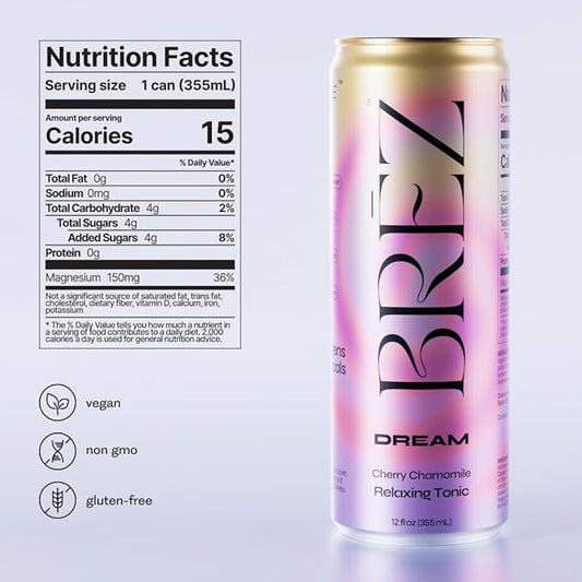 BRĒZ Dream Reishi Mushroom Drink, Non-Infused Relaxing Tonic with Reishi, Chamomile, Tart Cherry, Magnesium & L-Theanine, Vegan Adaptogen Drink for Sleep, Calm & Mood, 12 fl oz - 24 Pack