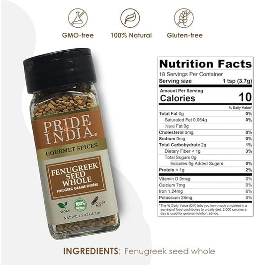 Pride of India – Fenugreek Seed Whole – Whole & Gourmet Indian Spice – Ideal Seasoning for Cooking – Free of Preservatives – Easy to Use – 1.7oz. Small Dual Sifter Jar