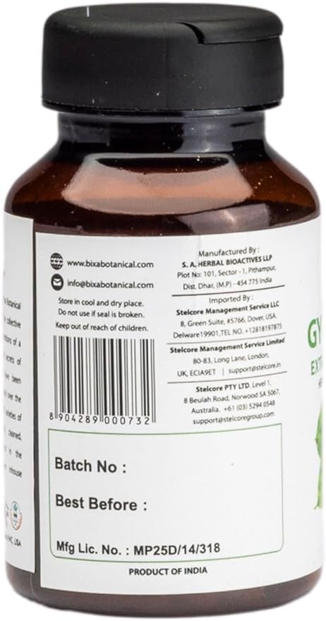 bixa BOTANICAL Ayurvedic Natural Herbal Supplement Gymnema Extract 25% Gymnemic (Gudmar, Shardunika) | Digestive Stimulant | Natural Herbal Supplement | Veg Capsules 450 mg (60 Count (Pack of 1))