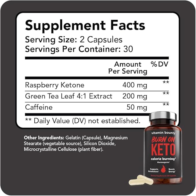 Vitamin Bounty Burn On Thermogenic Keto Fat Burner for Men & Women - Weight Loss Supplement with Raspberry Ketones - Metabolism Booster, Energy Pills, Appetite Suppressant - 60 Capsules