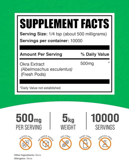 BulkSupplements.com Okra Extract Powder - Okra Supplement, Okra Powder, Herbal Extract Supplement - Vegan & Gluten Free, 500mg per Serving, 5kg (11 lbs) (Pack of 5)
