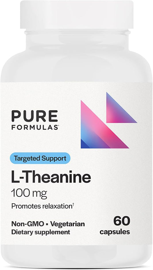 PureFormulas L Theanine Supplement 100 mg, L-Theanine Supports Stress Levels, Relaxed State, Mood, Sleep, Dairy Free, Soy Free, Non-GMO 60 Vegetarian Capsules
