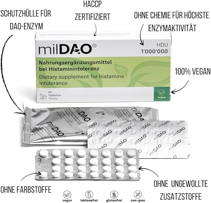 milDAO® – 60 Vegan Tablets | DAO Enzyme Supplement for Histamine Intolerance | 1,000,000 HDU per Tablet | with Catalase | Lyophilized | Foil Pouch with Silica Gel for Maximum Stability