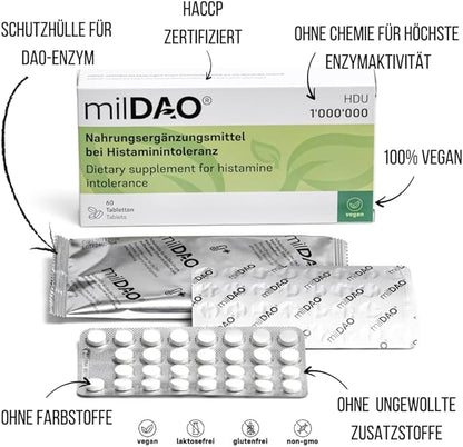 milDAO® – 60 Vegan Tablets | DAO Enzyme Supplement for Histamine Intolerance | 1,000,000 HDU per Tablet | with Catalase | Lyophilized | Foil Pouch with Silica Gel for Maximum Stability
