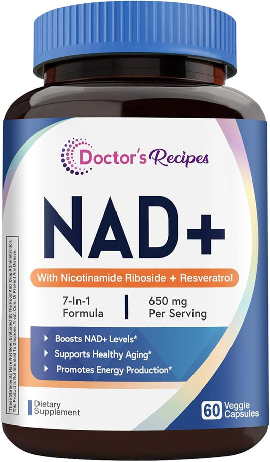 Doctor's Recipes NAD Supplement, Nicotinamide Riboside, Resveratrol, NMN Alternative for Anti-Aging, w/Magnesium Glycinate & L-Tryptophan, 650mg Per Serving, Energy & Mood Boost, 60 Vegan Capsules
