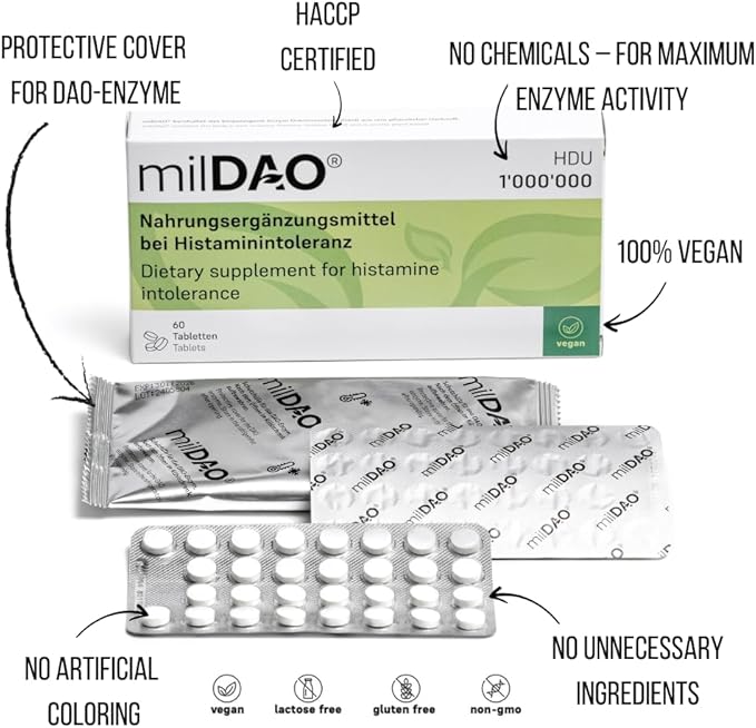 milDAO® – 30 Vegan Tablets | DAO Enzyme Supplement for Histamine Intolerance | 1,000,000 HDU per Tablet | with Catalase | Lyophilized | Foil Pouch with Silica Gel for Maximum Stability
