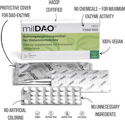 milDAO® – 30 Vegan Tablets | DAO Enzyme Supplement for Histamine Intolerance | 1,000,000 HDU per Tablet | with Catalase | Lyophilized | Foil Pouch with Silica Gel for Maximum Stability