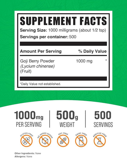BulkSupplements.com Goji Berry Powder - Goji Berries Supplement, Wolfberry Powder - Vegan & Gluten Free, 1g per Serving, 500g (1.1 lbs) (Pack of 1)