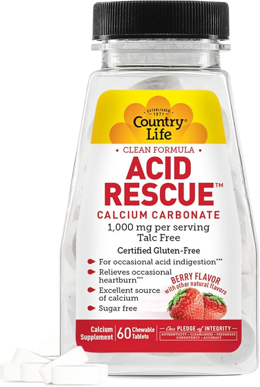 Country Life Acid Rescue Chewable Tablets - Certified Vegan & Gluten-Free Heartburn Relief, 400mg Calcium & Magnesium, Non-GMO, Sugar-Free Berry Flavor, Supports Bone Health, 60 Count