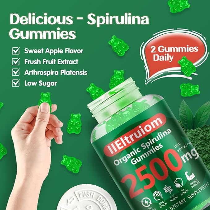 Spirulina Gummies, Organic Spirulina 2500mg Enhanced Daily Energy - Your Daily Super Greens with Sea Moss, Chlorophyll, GLA, Non-GMO, Gluten Free, 120 Vegan Gummies