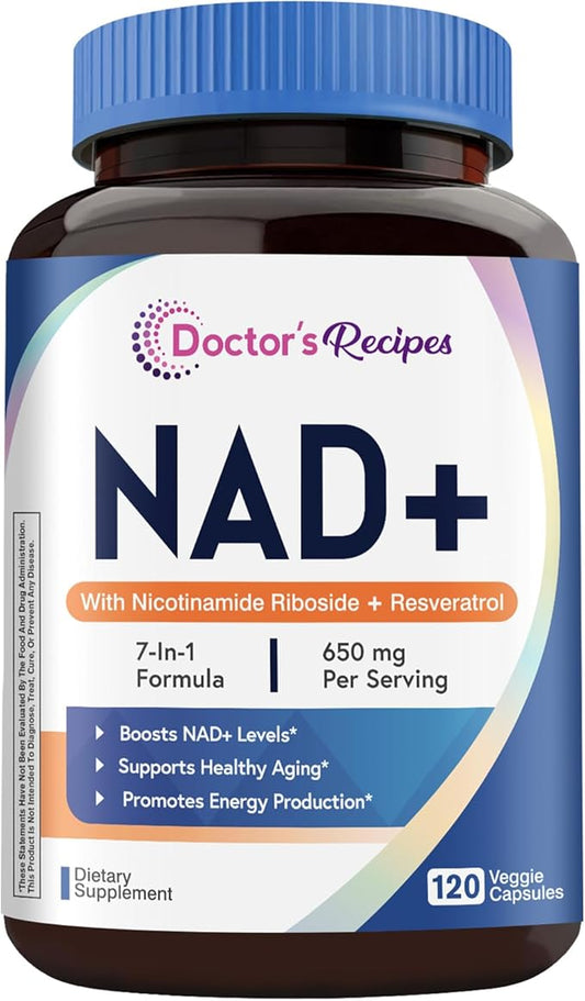 Doctor's Recipes NAD Supplement, Nicotinamide Riboside, Resveratrol, NMN Alternative for Anti-Aging, w/Magnesium Glycinate & L-Tryptophan, 650mg Per Serving, Energy & Mood Boost, 120 Vegan Capsules