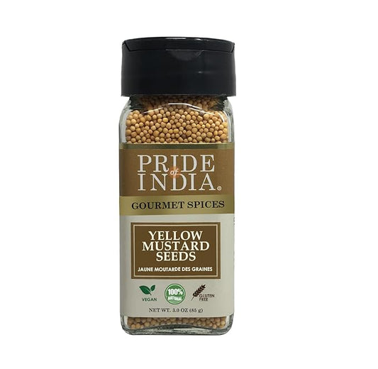 Pride of India – Yellow Mustard Seed Whole – Pungent & Aromatic – Gourmet Indian Spice – Add in Salads/Dressings/Chicken/Meat/Pickles – Easy to Use – 2.8 oz. Small Dual Sifter Bottle