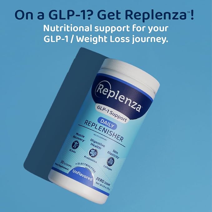 Replenza Daily Replenisher GLP-1 Nutritional Support, Powder, Muscle Recovery, Digestive Health & Skin Elasticity Mix of Amino Acids, Prebiotics and Collagen Peptides – Unflavored, 3 Pack