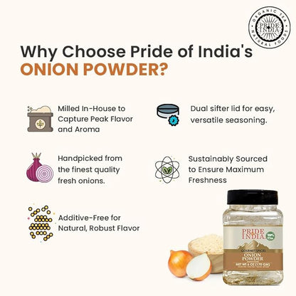 Pride of India | Onion Fine Ground 6 oz (170 gm) Medium Dual Sifter Jar | Gourmet Spice for Cooking | Pantry Essential | Adds Flavor to Sauces/Dips/Rubs/Marinades | Easy to Store