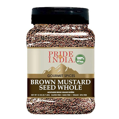 Pride Of India – Brown Mustard Seed Whole – Gourmet Indian Spice – Hot & Spicy Flavor – Ideal Seasoning for sauces/dips/Spice Blends – Easy to Store – 12 oz. Medium Dual Sifter Bottle