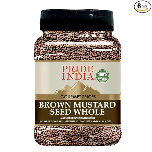 Pride Of India - PACK of 6 - Brown Mustard Seed Whole – Gourmet Indian Spice – Hot & Spicy Flavor – Ideal Seasoning for sauces/dips/Spice Blends – Easy to Store – 12 oz. Medium Dual Sifter Bottle