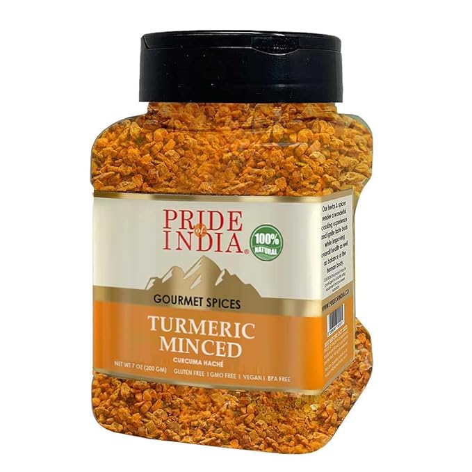 Pride of India – Turmeric Minced Whole – Gourmet Spice – Curcumin Rich Properties – No Additives Gluten – Easy to Use – 7 oz. Medium Dual Sifter Jar