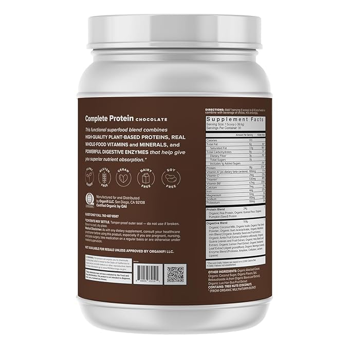 Organifi Complete Protein Chocolate Flavor - Organic Vegan Plant Based Protein Powder with Digestive Enzymes - 30 Day Supply - No Soy, Dairy, or Gluten