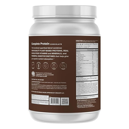 Organifi Complete Protein Chocolate Flavor - Organic Vegan Plant Based Protein Powder with Digestive Enzymes - 30 Day Supply - No Soy, Dairy, or Gluten