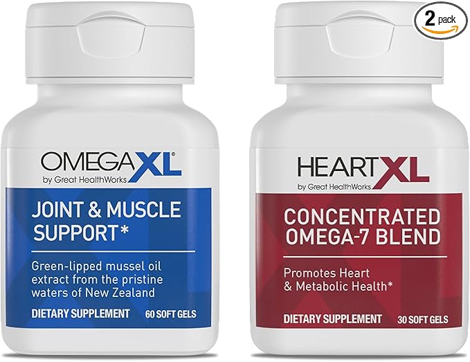 OmegaXL Joint Support Supplement - Natural Muscle Support, Green Lipped Mussel Oil, Soft Gel Pills, Drug-Free, 60 Count + HeartXL 30 Count, High Potency Omega-7 Blend