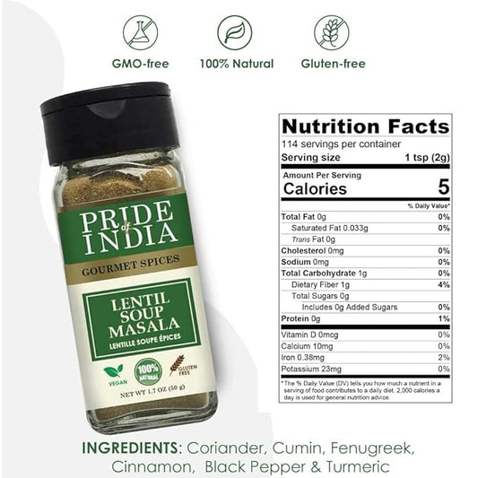 Pride of India - Lentil Soup Masala – Authentic Indian Taste – Spice Blend for Lentil Soups and Stews – Flavorful Mix – Easy to Use – 1.7 oz. Small Dual Sifter Bottle- Ideal for Vegans & Vegetarians