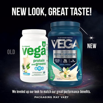Vega Protein + Supergreens - 20g Plant-Based Protein, Vanilla, 25 Servings, Real Greens & Veggies, Vegan Keto, 0g Added Sugar, Non-GMO, Gluten Free, Dairy Free, 1.68 lbs (Packaging May Vary)