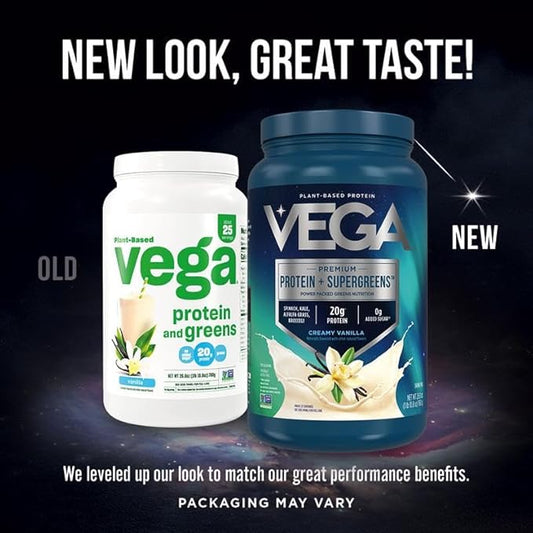 Vega Protein + Supergreens - 20g Plant-Based Protein, Vanilla, 25 Servings, Real Greens & Veggies, Vegan Keto, 0g Added Sugar, Non-GMO, Gluten Free, Dairy Free, 1.68 lbs (Packaging May Vary)
