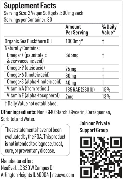 NeuEve Feminine Moisture Support Supplements with Sea Buckthorn Oil, Omega-7 for Vaginal Dryness, pH Balance & Moisture | 60 Vegan Softgels | 1-Month Supply