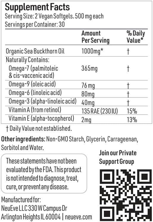 NeuEve Feminine Moisture Support Supplements with Sea Buckthorn Oil, Omega-7 for Vaginal Dryness, pH Balance & Moisture | 60 Vegan Softgels | 1-Month Supply