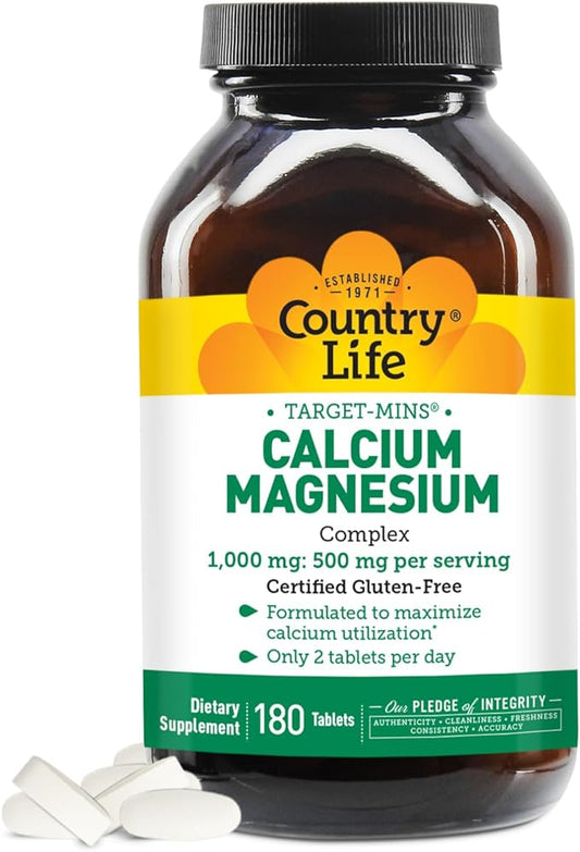 Country Life Target-Mins Calcium Magnesium Complex 1000mg/500mg, 180 Tablets, Certified Gluten Free, Certified Vegan, Certified Non-GMO Verified