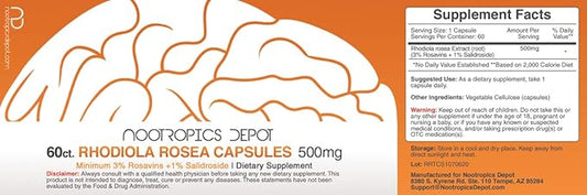 Nootropics Depot Rhodiola Rosea Capsules | 500mg | 3% Rosavins | 60 Count | Adaptogen Herb | Ayurvedic Supplement | Supports Healthy Stress Levels* | Promotes Brain Health*