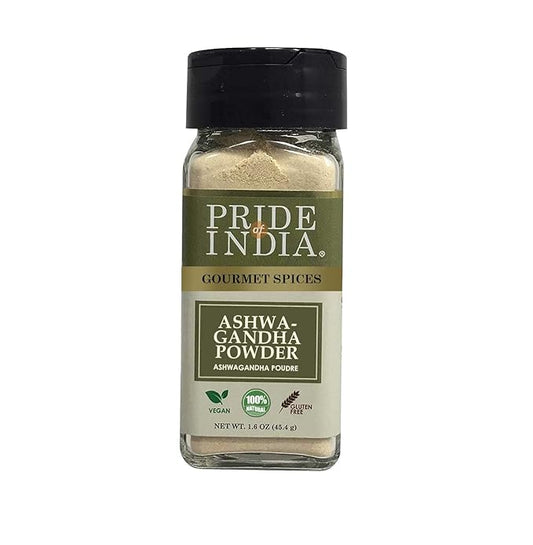 Pride of India – Natural Ashwagandha Root Ground – Health Benefits – Good for Energy Level/Body Functions – No Gluten/Additives – Easy To Use – 1.6 oz. Small Dual Sifter Jar