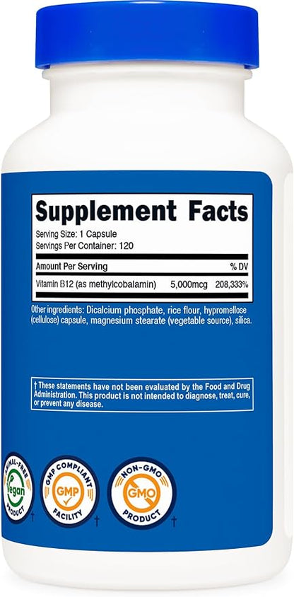 Nutricost Vitamin B12 (Methylcobalamin) 5000mcg, 120 Capsules - Vegetarian Caps, Non-GMO, Gluten Free B12 Supplement