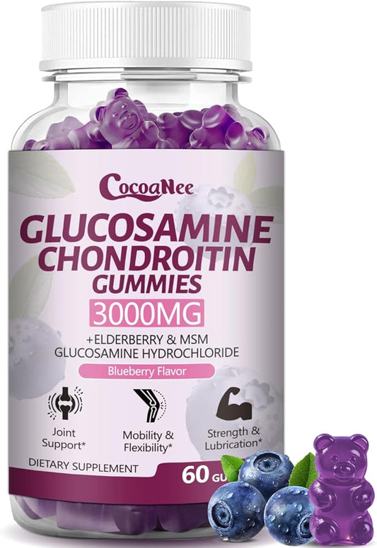 3000MG 1 Pack Glucosamine Chondroitin Gummies, Extra Strength Joint Support Supplement with MSM & Elderberry, Flexibility, Antioxidant Immune Support Gummy for Adults, Men & Women 60Cts