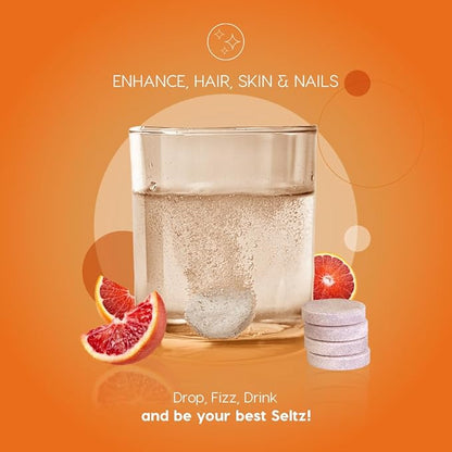 Seltz® Water-Activated Vitamins - Enhance Hair, Skin & Nails with Vitamin C, Silica, and Biotin – Natural Blood Orange Flavor Dietary Supplement - 6 Packs x 20 Effervescent Tablets Each