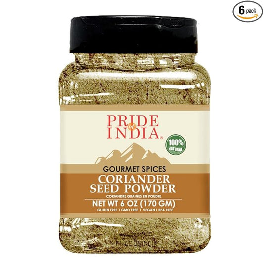 Pride of India - PACK of 6 - Coriander Seed Powder-Authentic Indian Spice-Freshly Packed Gourmet Spice-Must Ingredient in Indian & Middle Eastern Cuisines-Easy to Store-6oz. Medium Dual Sifter Jar