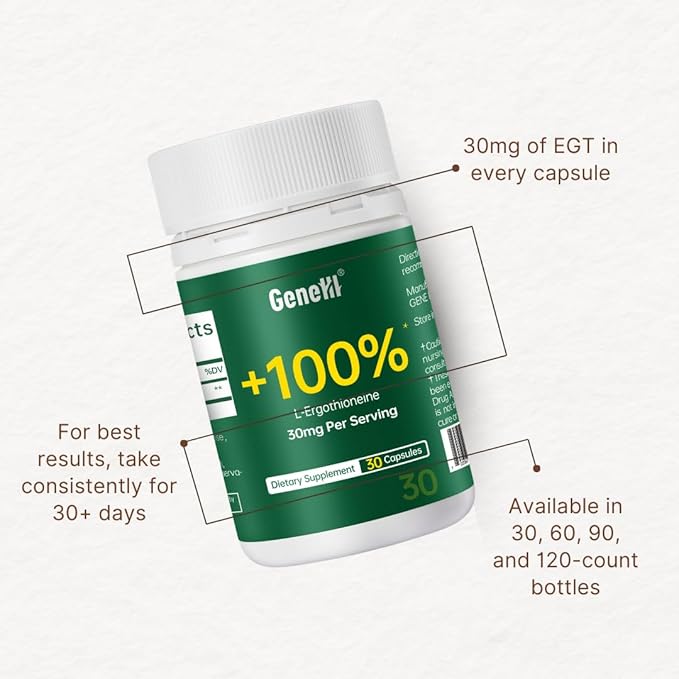 L-Ergothioneine Supplement, 30mg(EGT)/Serving, 6X Ergothioneine Mushroom Extract Supplements Longevity, Immune Support, Heart Health & Brain Supplement, Lab Tested, Made in USA (30 Servings)