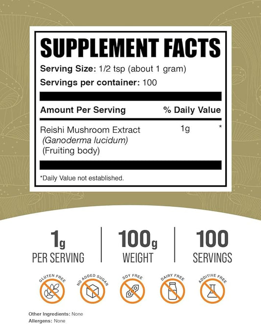 BulkSupplements.com Reishi Mushroom Extract Powder - Reishi Mushroom Powder, Supplement for Overall Well-Being - Gluten Free, 1g per Serving, 100g (3.5 oz) (Pack of 1)