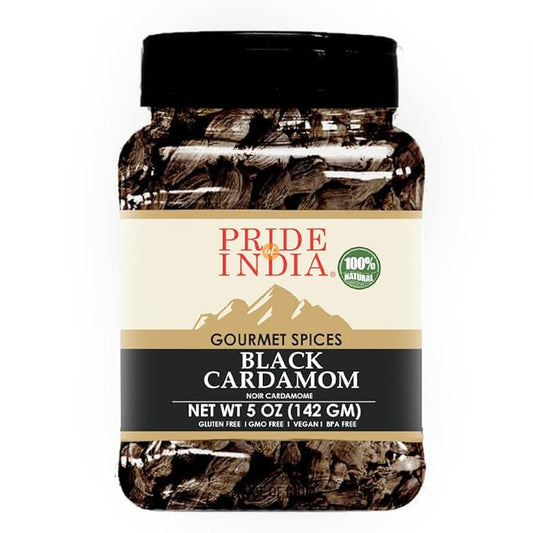 Pride of India – Black Cardamom Whole 5 oz (142 gm) – Cardamom Pods – Firm & Smoky Flavor – Freshly Dried – Ideal for Indian & Asian Cooking – Easy to Use – Medium Dual Sifter Bottle