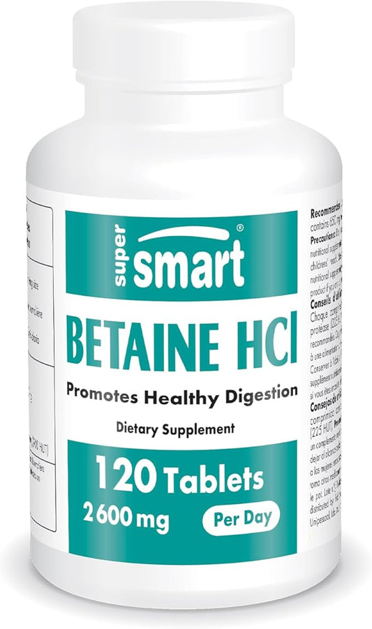 Supersmart - Betaine HCI 2600mg per Day (High Potency) - with Protease Enzymes - Betaine Hydrochloride Formula | Non-GMO & Gluten Free - 120 Tablets