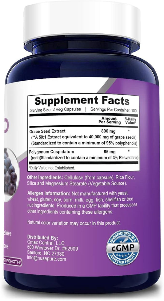 NusaPure Grape Seed Extract 40,000mg per Caps, 200 Vegan Capsules, Standardized, Non-GMO, Gluten Free, Resveratrol