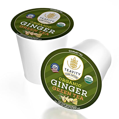 Green Tea & Ginger Tea Pods for Keurig - Caffeinated, Organic, Dye Free, Unsweetened, Herbal Blend for K Cup Machines - Hot or Iced (36 Tea Pods)