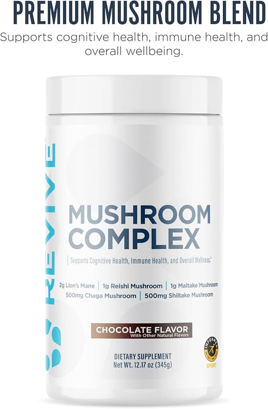 Revive MD Mushroom Powder, Chocolate - Mushroom Supplement Supports Focus, Cognitive, Immune & Brain Health with a Blend of Lion's Mane, Reishi, Chaga, Shiitake & Maitake - Gluten-Free - 30 Servings