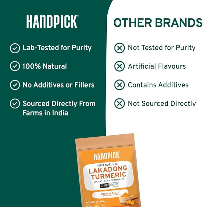 HANDPICK Lakadong High Curcumin Turmeric Powder (226g/ 8oz) Non GMO, Gluten Free, 100% Raw, Sourced from India, High Curcumin, Premium Quality, Packed in Resealable Ziplock Pouch